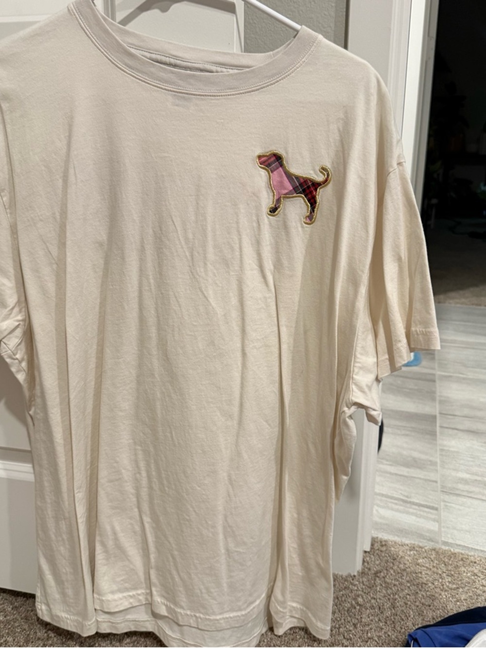 Victoria’s Secret Pink Cream Tee with Pink Plaid Dog Patch